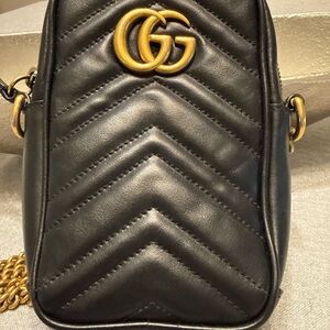 Gucci Marmont Black Quilted Leather Mini  Bag With Gold Chain